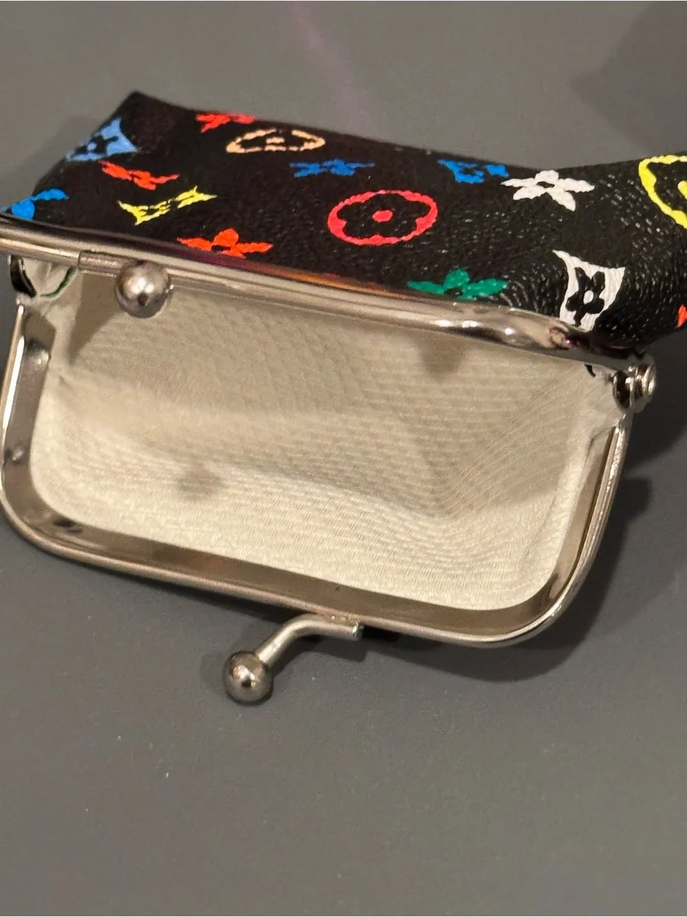 NIP Mini Kiss Lock Coin Purse Black Multicolor Floral Monogram Print